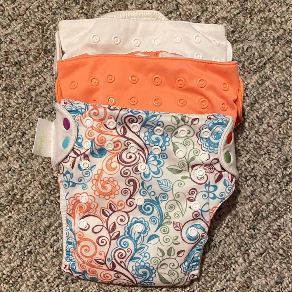 BumGenius Cloth Diaper Set: Orange, White & Multi Paisley Cloth Diaper Cover
